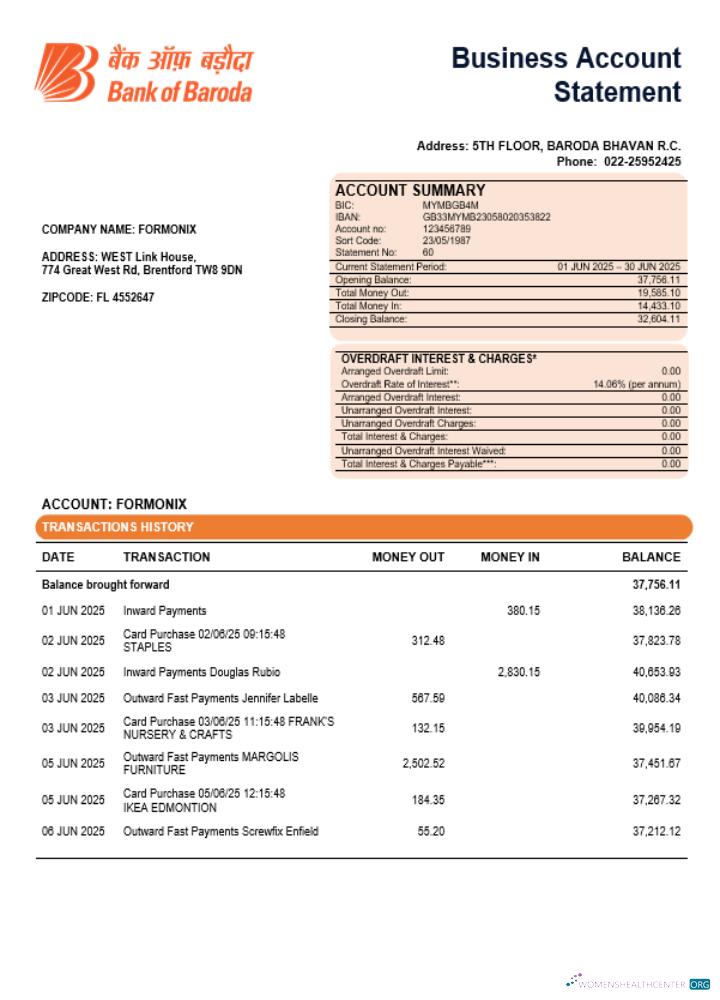 Bob Bank of Boroda bank organization checking account statement Word and PDF template